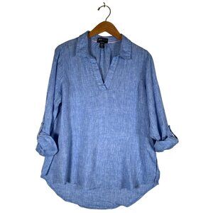 JNY Womens Size M Blue 100% Linen Tunic Top Popover Split V-Neck Roll Tab Sleeve